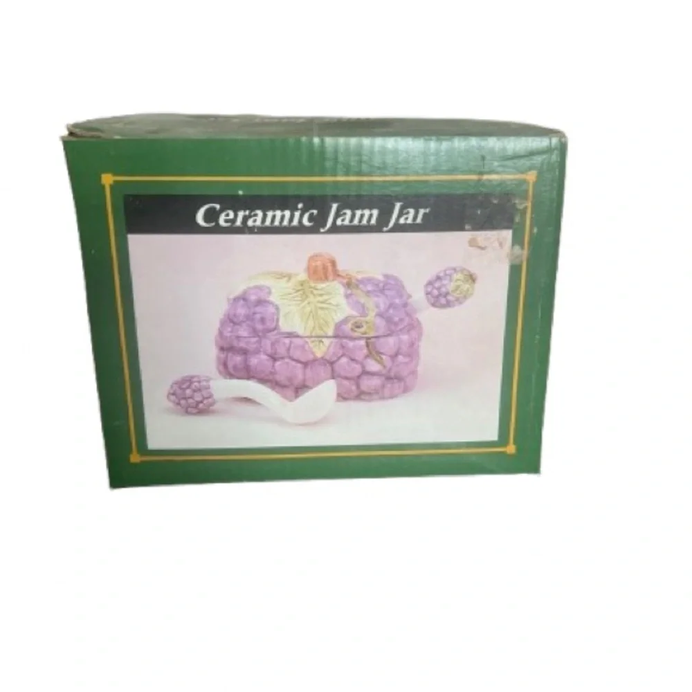 #755 Vintage Grape-Themed Purple Ceramic Jar never used still in box - Picture 1 of 3